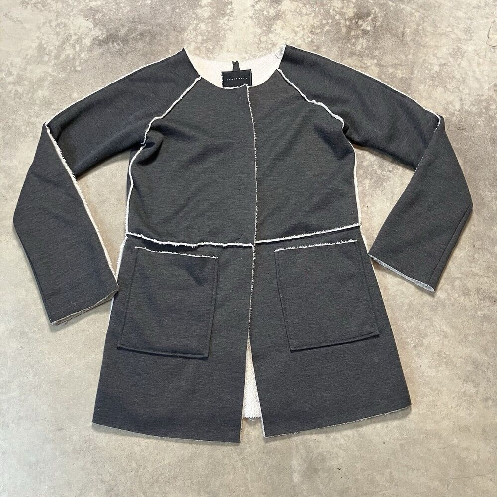 Sanctuary Jacket Womens S Gray White Snug Blanket Sherpa Bonded Patch Pockets